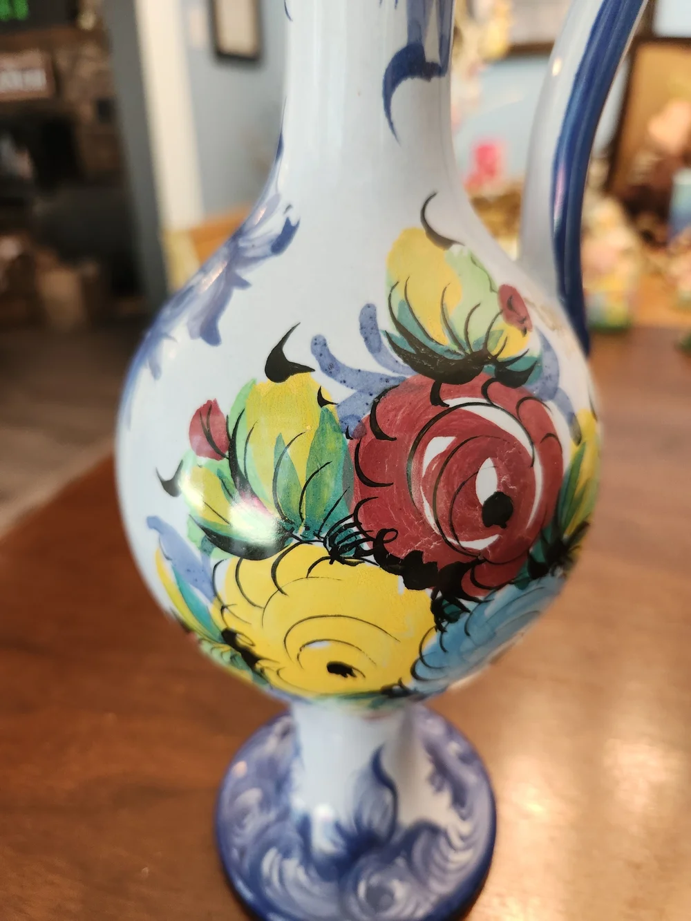 Potuguese Hand-Painted Blue Floral Ceramic Ewer - Elegant Home Accent